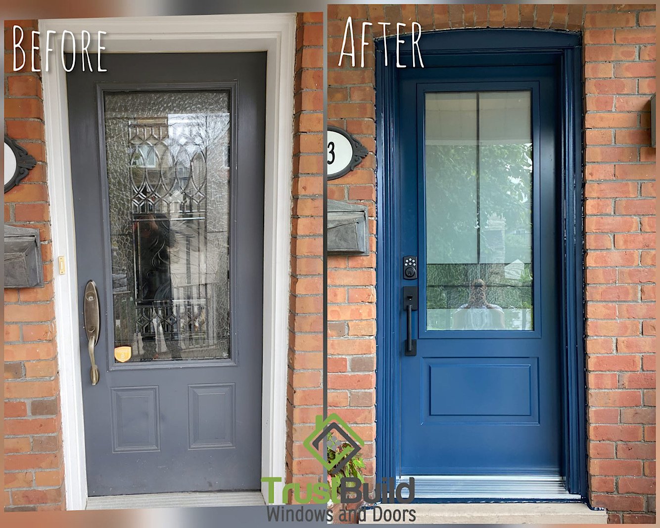 before and after installation of Storm Doors on Front Entrance