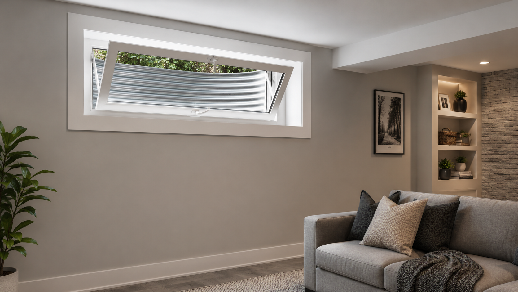 Interior finished basement with vinyl hopper window open inward, window well visible outside