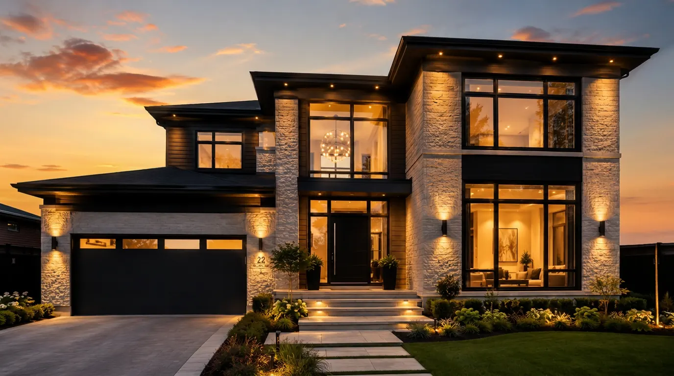 Modern Ontario home at dusk with black-framed windows, entry door and garage door installed by Trust Build
