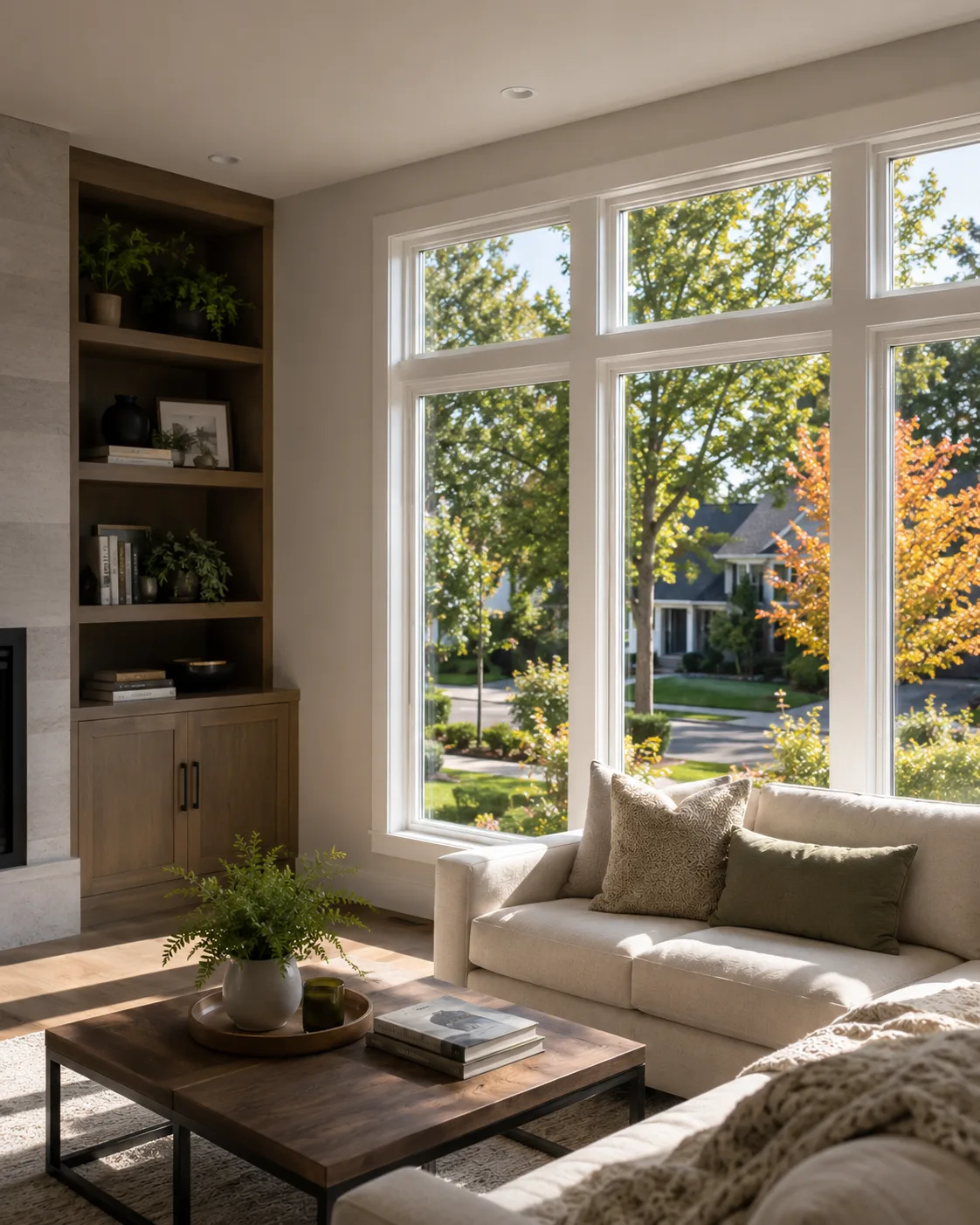 Bright Ontario living room with large white vinyl windows looking onto a tree-lined street, installed by Trust Build Windows and Doors