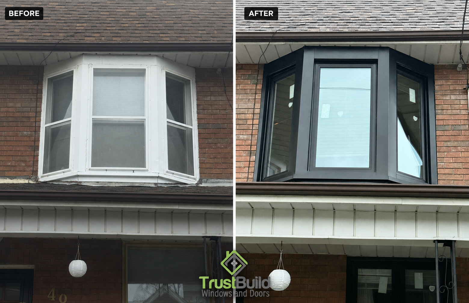 Toronto bay window before and after, converted from white vinyl frames to all-black frames with capped skirt and head