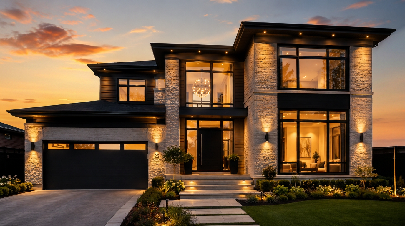 Modern Ontario home at dusk with black-framed windows, entry door and garage door installed by Trust Build