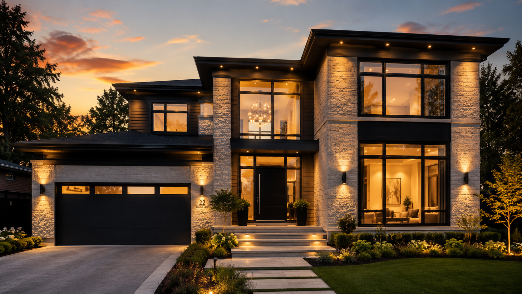 Modern Ontario home at dusk with black-framed windows, entry door and garage door installed by Trust Build