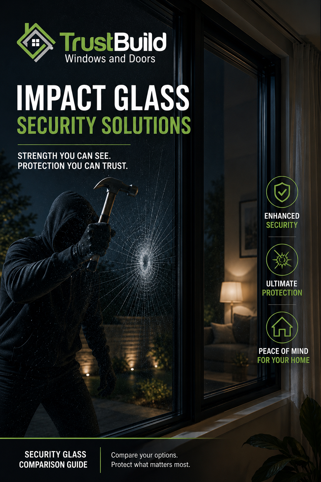 Impact-resistant security glass with spider-web crack pattern still holding together in the window frame
