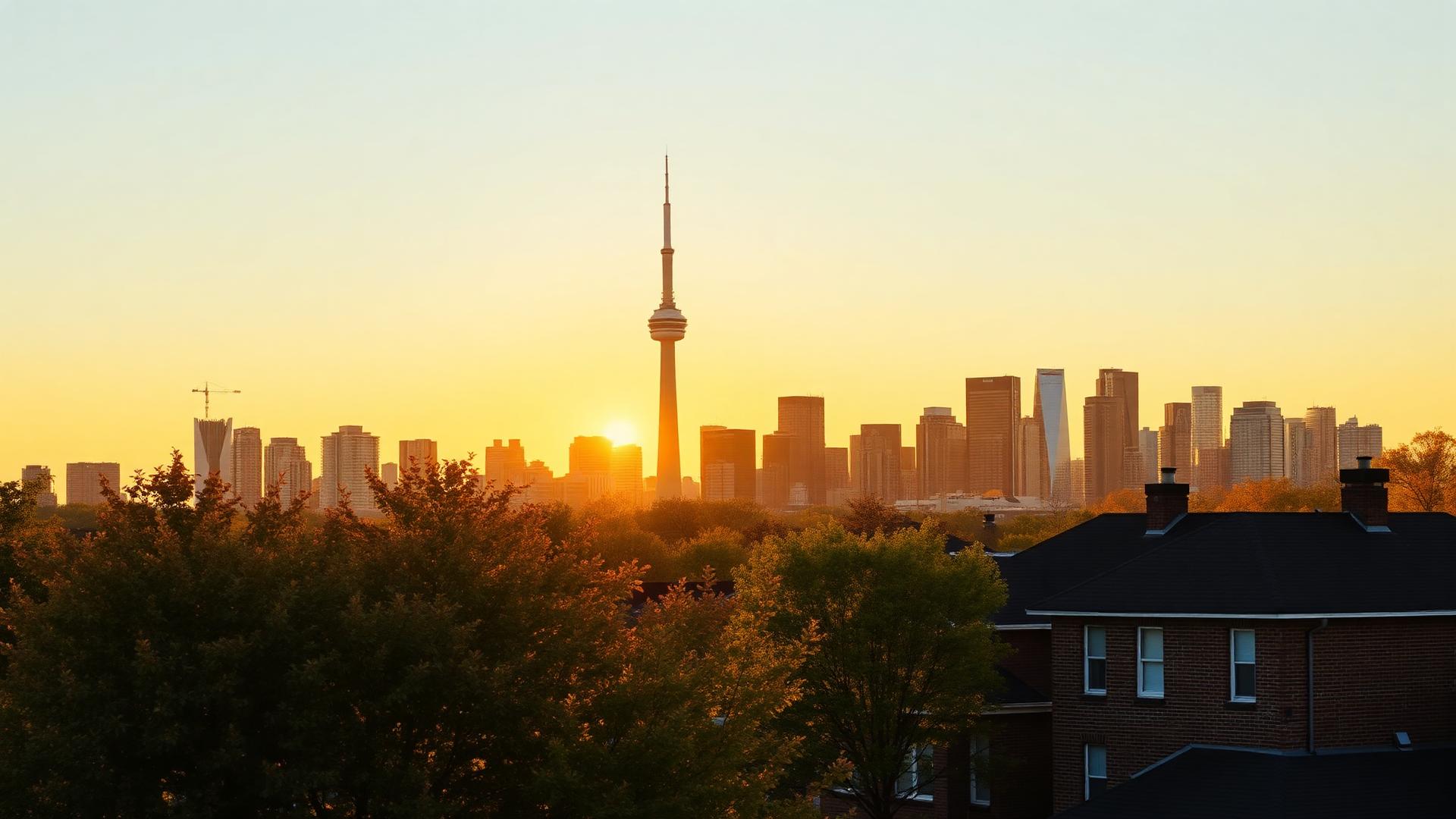Toronto skyline at golden hour with the CN Tower