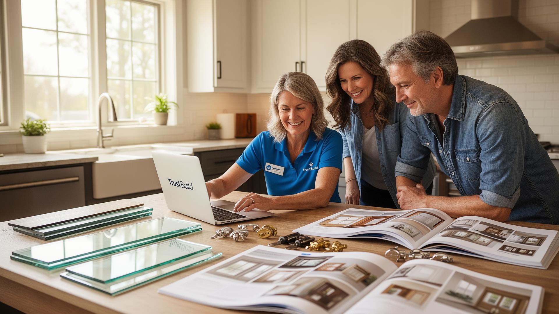 Trust Build product specialist showing window and door samples to homeowners during a free in-home consultation