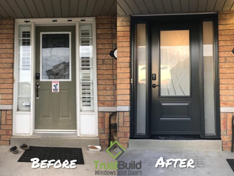 before and after installation of Storm Doors on Front Entrance