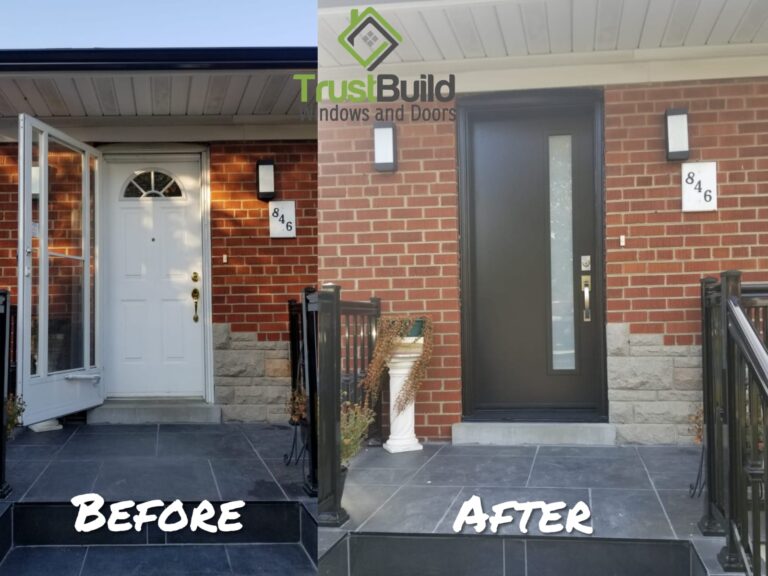 before and after installation of Storm Doors on Front Entrance