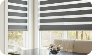 Modern zebra blinds with alternating charcoal gray and sheer white horizontal stripes installed on two large windows in a bright dining area.