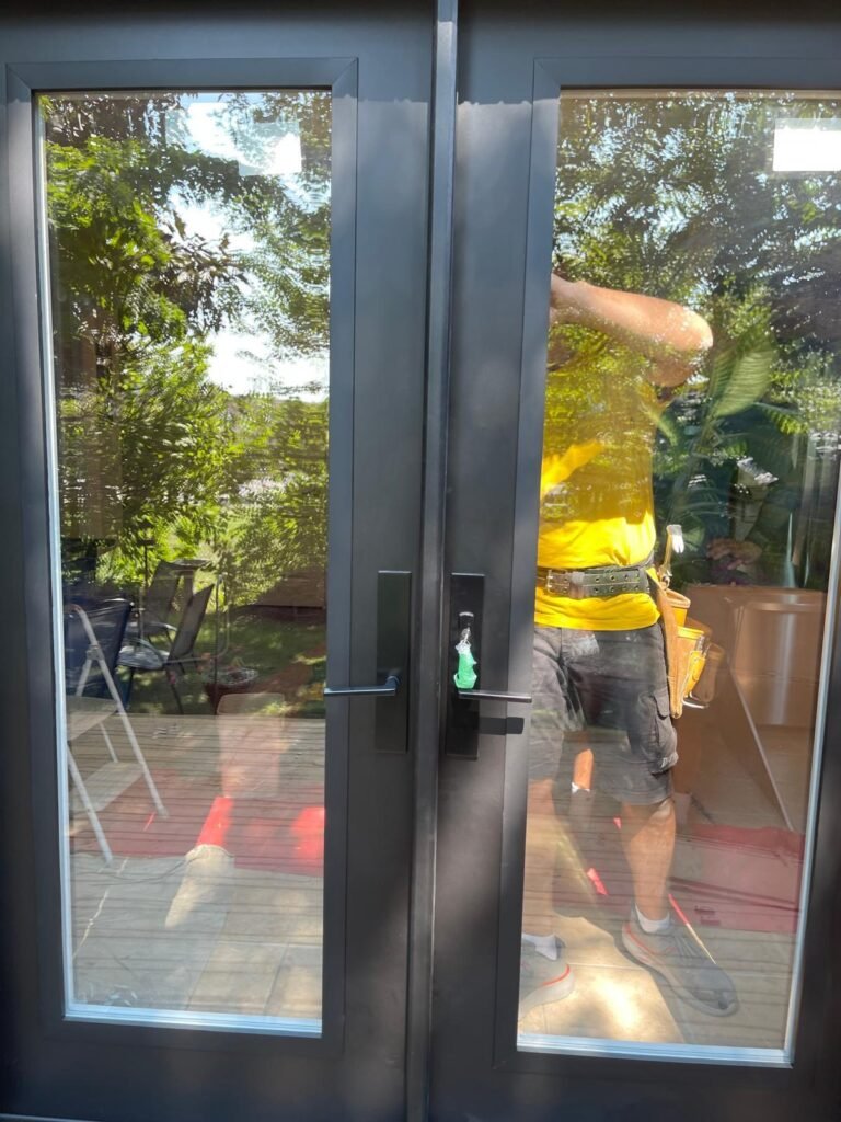 A worker in a yellow TrustBuild shirt stands before new black-framed glass patio doors. The clear glass reflects a lush green yard and a woman standing on the outdoor wooden deck.