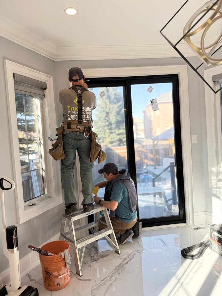 Two TrustBuild Windows and Doors contractors install a black sliding glass door. One worker stands on a step ladder to reach the top frame while the other kneels to secure the bottom track.