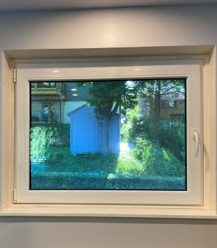 An interior view of a white vinyl casement window. The large glass pane offers a clear, sunlit view of a backyard featuring a blue garden shed, a large tree, and lush green foliage.