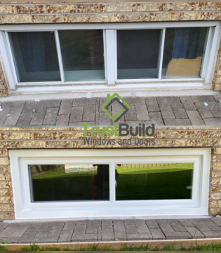 A before-and-after split shows a basement window replacement. The top image shows an old, divided window, while the bottom shows a modern, clean white slider frame set into the brick wall.